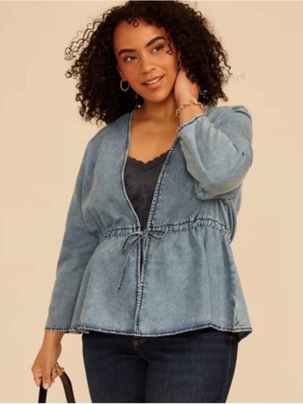 Maurices Washed Denim Chambray Tie-Front Cardigan